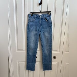 PAIGE High Rise Light Blue Straight Leg Jeans with Raw Hem